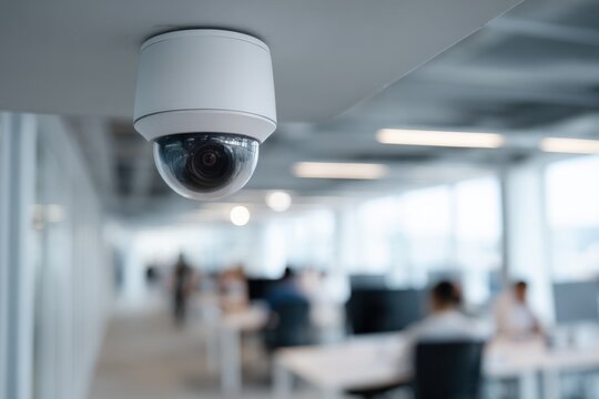 Modern security camera overseeing busy office environment