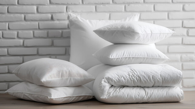 Stack of soft white pillows and folded duvet on a wooden floor, symbolizing comfort, cleanliness, and a cozy bedroom atmosphere in a minimalist home setting