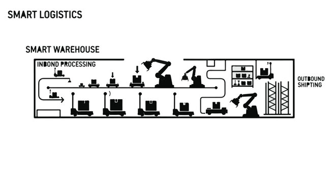 Detailed schematic illustrates smart logistics workflow inside a high-tech warehouse featuring automated guided vehicles and robotic arms processing inbound and outbound shipments.