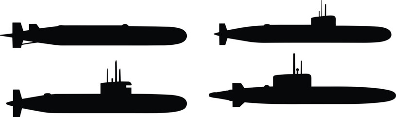 Submarine silhouette vector set, military naval underwater vessel illustration, submarine transport side view collection, navy defense vehicle black silhouette © LITON