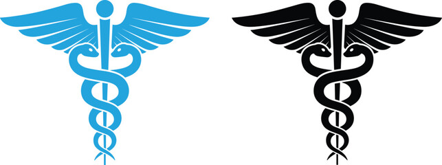 Medical caduceus symbol set featuring blue and black snakes entwined around winged staff for pharmacy health care and medicine professional