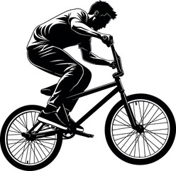 Fototapeta premium Silhouette of BMX rider performing cycling stunt on bicycle, extreme sports action illustration showing urban freestyle biking activity isolated on background for fitness and adventure concept.