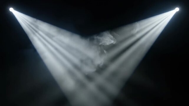 Dark Spotlight Rays \'96 Dramatic beams through smoke, deep black studio environment pierced by sharp white spotlight beams cutting diagonally through dense atmospheric smoke, volumetric light