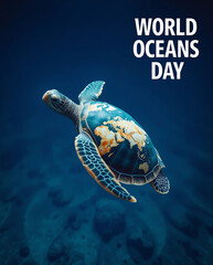 World Oceans Day Concept with Sea Turtle and Planet Earth Shell