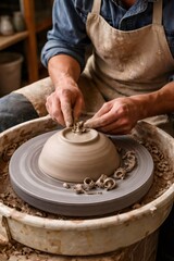 Fototapeta premium Artisan's skilled hands shaping a clay bowl on a spinning potter's wheel in a traditional workshop, close up of the hands on process of handmade ceramic creation