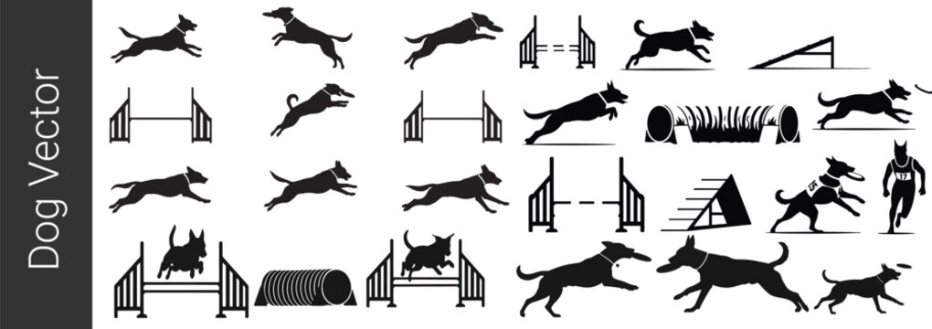 Dog Agility Training Silhouette Vector Set, Jumping Running Dog Obstacle Course Icons Collection, Canine Sport Action Illustration Isolated on White Background