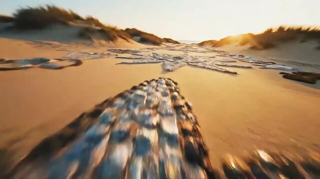 a serene coastal landscape showcasing golden sand dunes a reflective wet beach and a creatively designed starfish pattern formed within the sand high quality professional detailed