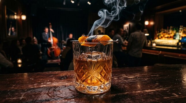 Smoky Old Fashioned cocktail in crystal glass with smoke and orange twist.
