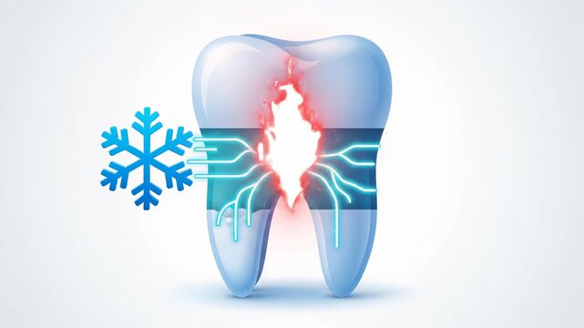 Tooth Sensitivity Infographic Concept designed in a minimalist modern aesthetic, simplified side-view tooth model with clearly defined enamel, dentin, and nerve core, stylized snowflake icon