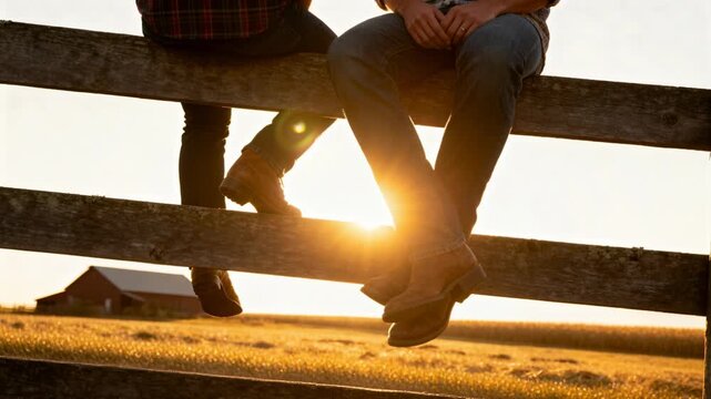 Sun dipping horizon as couple sitting wooden fence, swinging boots in plaid denim, daylight fading