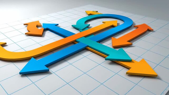 Strategic roadmap visualization inspired by business strategy arrows, a semi-abstract top-down scene where flat vibrant arrows in contrasting colors move across a minimalist grid plane, splitting and