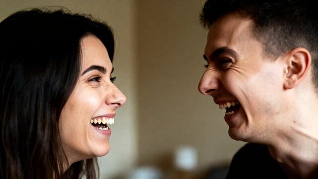 Puckering lips woman teasing man sticking tongue and laughing in home, small white object dark top