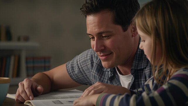 Vertical video: Father pointing at workbook and generating animated page highlights for education