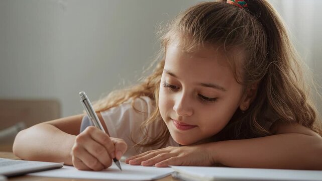 Smiling school-age girl leaning with pen poised, starting writing homework at home desk, notebook