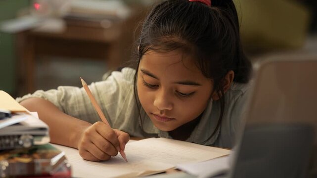 Vertical video: Student tapping pencil then writing in notebook at desk for education books laptop