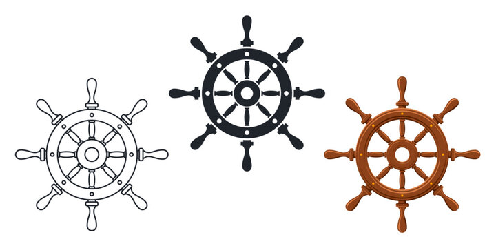 classic brown wooden ship helm nautical steering wheel icon symbol outline silhouette vector set of 3 on transparent background