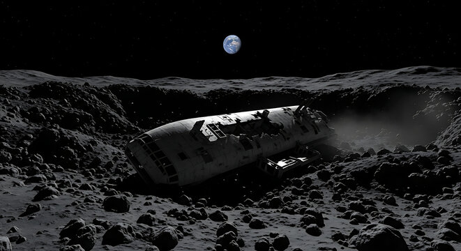 a crashed spaceship lies wrecked on the desolate lunar surface with earth looming in the dark sky illustrating a space accident.