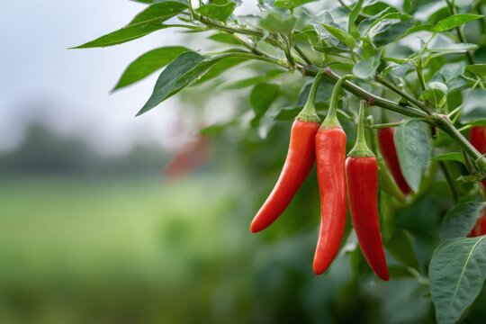 Close-up of ripe red chili peppers on a lush green plant