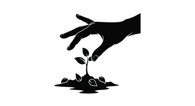 Dark silhouette of a human hand gently reaching down to nurture a tiny sprouting seedling emerging from rich, textured soil on a bright white surface.