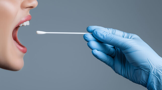 Close-up of a gloved hand collecting an oral swab sample from a patient, representing medical testing, hygiene, diagnostics, and healthcare procedures