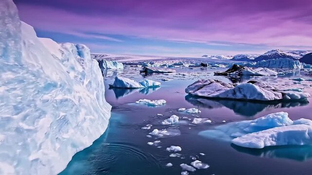 Massive Iceberg Floating in Glacial Lagoon under Purple Twilight Sky