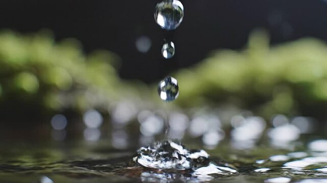 Macro Shot of Water Droplet Falling into Water with Splash and Bokeh Background