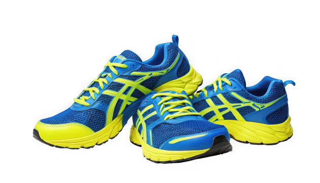 A striking pair of vibrant blue and neon yellow athletic running shoes featuring prominent branding details on transparent background on transparent background