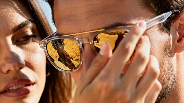 Woman reaching behind man, adjusting amber mirrored sunglasses for fashion, reflection sharpening