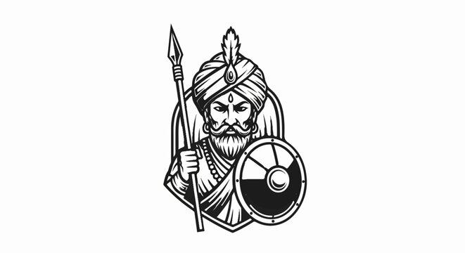 Warrior in turban with spear and shield, emblem