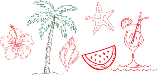 A collection of charming, hand drawn tropical vacation elements featuring a single palm tree alongside a bright hibiscus flower and refreshing summer cocktail ideal for beach themed designs. © jharna