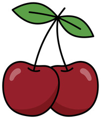 Cherry cartoon fruit icon with glossy red berries and green leaf stem vector illustration