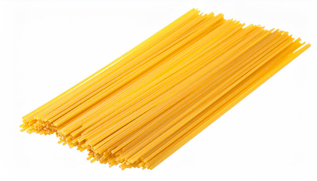 A stack of uncooked spaghetti pasta with a bright yellow hue on a white backdrop