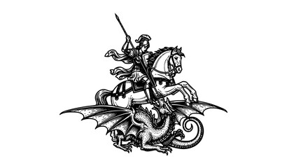 Naklejka premium Saint George killing dragon medieval woodcut engraving vector knight legend illustration