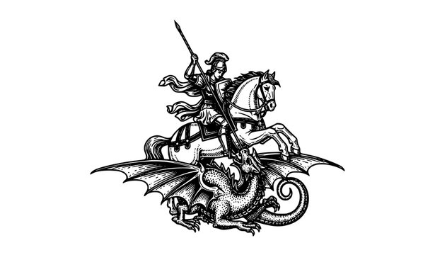 Saint George killing dragon medieval woodcut engraving vector knight legend illustration