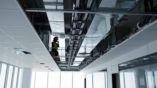 Commercial building maintenance scene inspired by ceiling repair work, a modern office space under renovation with suspended ceiling tiles partially removed, revealing organized cable trays and