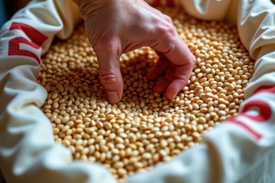 A tactile view of a bare hand aggressively plunging into a massive sack of cold, perfectly smooth, dry pearl barley.