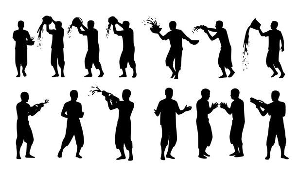 Songkran water festival people activity silhouette set Thailand Laos Myanmar Cambodia new year celebration vector