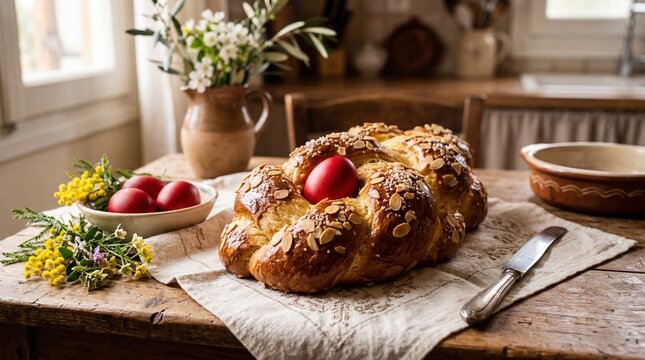 Traditional Greek Easter tsoureki bread with red eggs on rustic wooden kitchen table in daylight