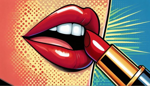 lips red lipstick pop art makeup beauty fashion glamour mouth applying retro vintage illustration
