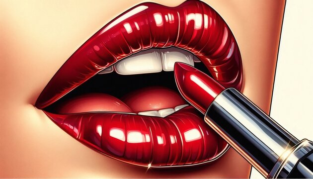 lips red lipstick pop art makeup beauty fashion glamour mouth applying retro vintage illustration
