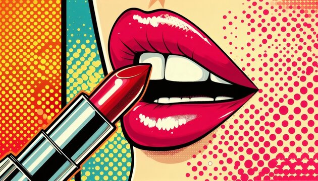lips red lipstick pop art makeup beauty fashion glamour mouth applying retro vintage illustration