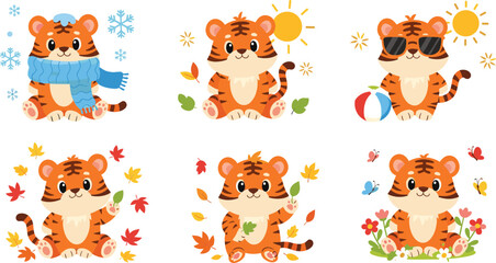 Fototapeta premium Cute Baby Tiger Seasonal Clipart Set with Winter Scarf, Summer Beach, Autumn Leaves and Spring Flowers Cartoon Tiger Cubs