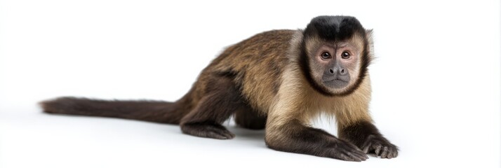 Fototapeta premium Capuchin monkey lying relaxed on white studio backdrop