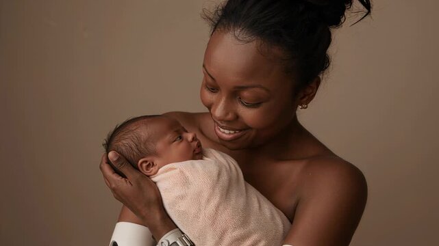 Vertical video: Mother cradling swaddled newborn turning head and drawing tender gaze for parenting