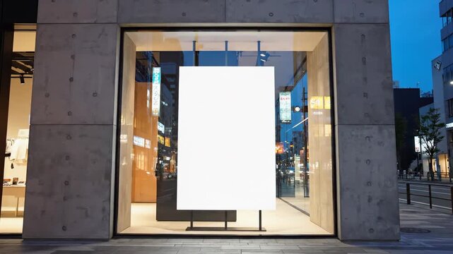Blank Window Poster \'96 large storefront advertising space mockup, a modern urban street scene at dusk featuring a floor-to-ceiling glass storefront with a perfectly clean, empty vertical poster