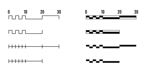 Linear Scale Bar Cartography Symbol Sign Meter Measurement Element Icon Set for Map or Site Plan. Vector Image.