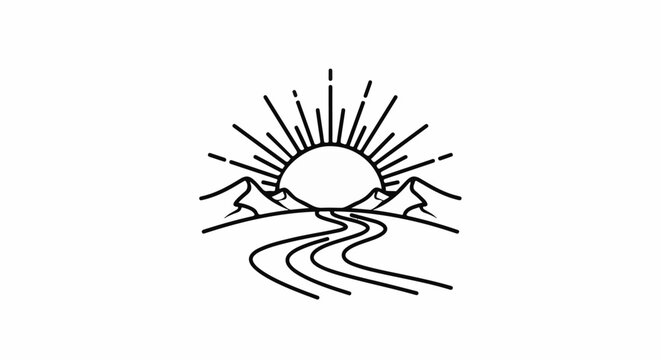Stylized sun rises over mountains with a winding river below
