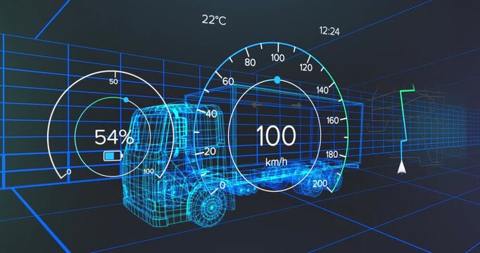 Animation of speedometer over truck project on navy background