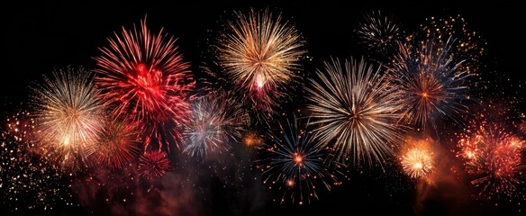 Fototapeta premium The Fireworks Exploding Over A Dark Night Sky Creating Colorful Festive Light Display