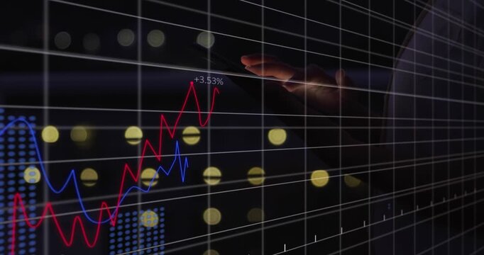 Statistical data processing over mid section of woman using smartphone